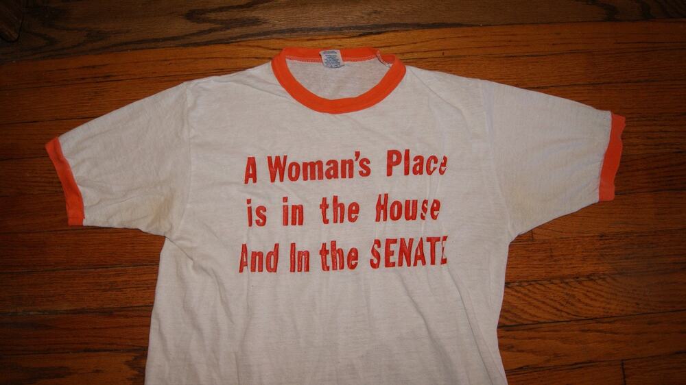 VTG 70s IL Politics Womens Place In House & Senate White/Orange Ringer M TShirt